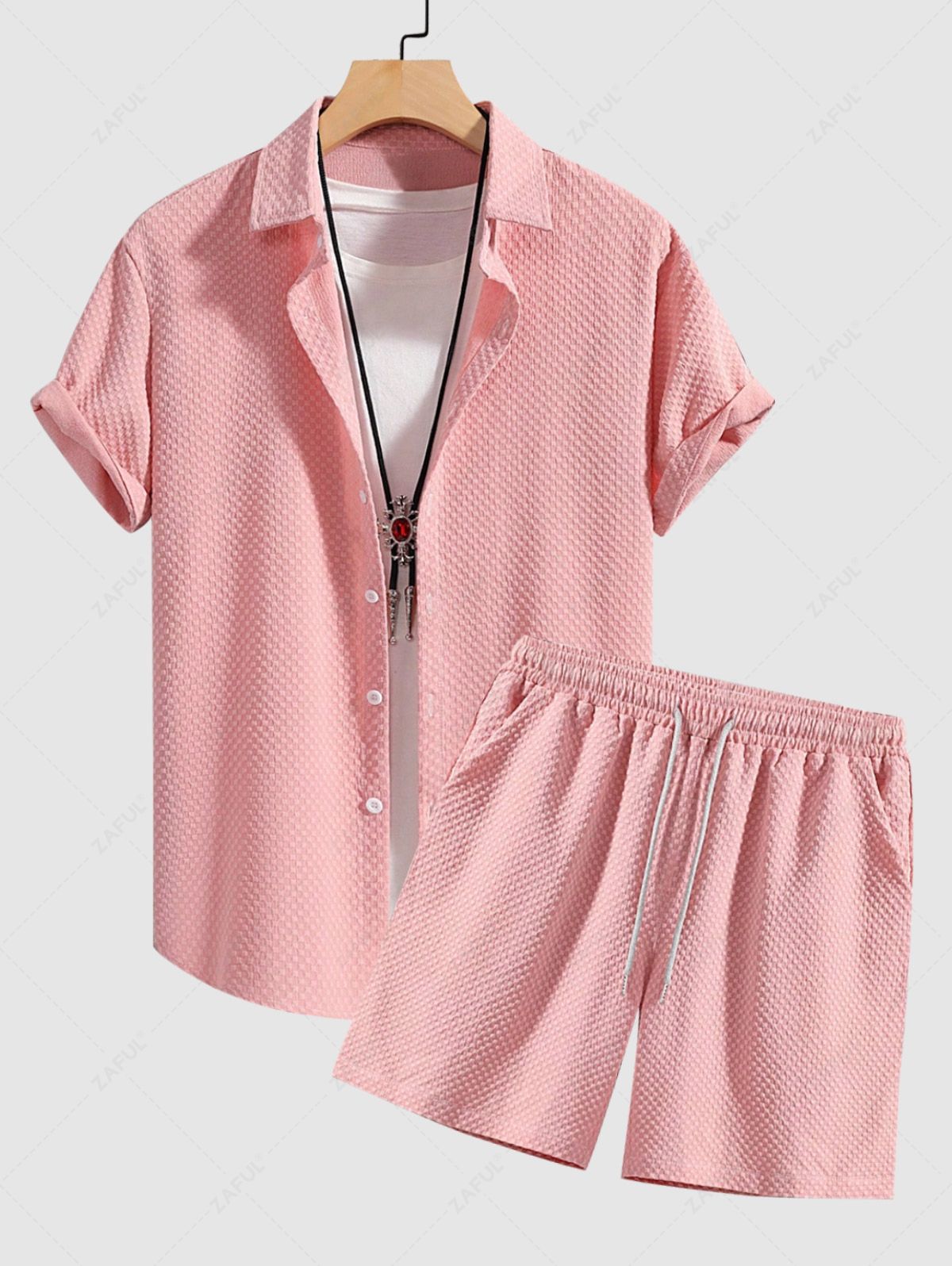 Men\'s Matching Two Piece Co Ord Solid Color Textured Short Sleeves Shirt and Drawstrinng Basic Casual Shorts Set LIGHT PINK BLACK - PURECLO
