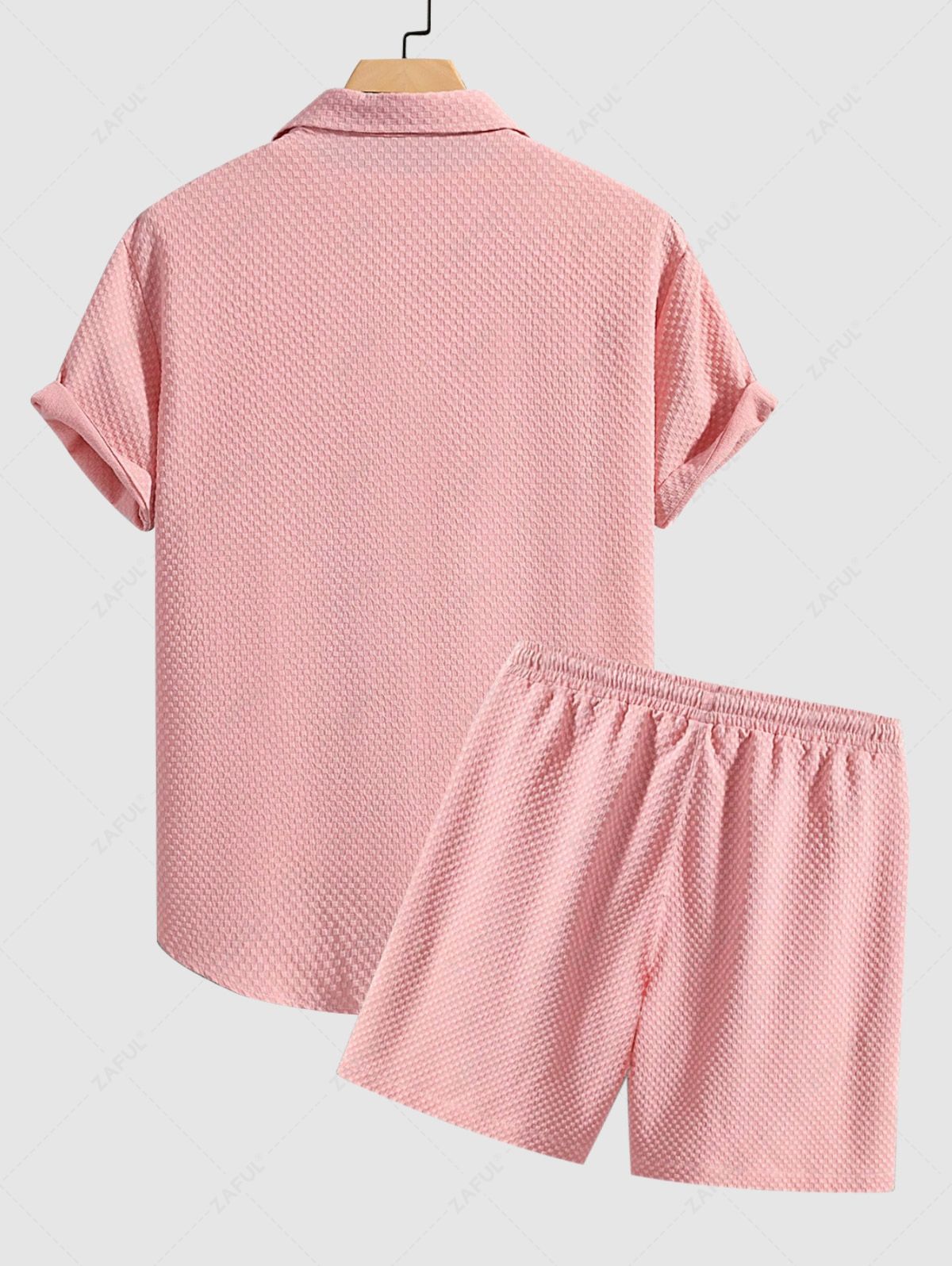 Men\'s Matching Two Piece Co Ord Solid Color Textured Short Sleeves Shirt and Drawstrinng Basic Casual Shorts Set LIGHT PINK BLACK - PURECLO