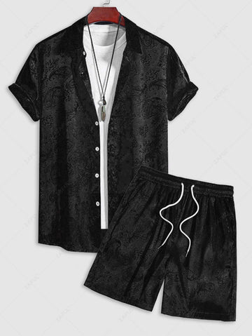 Men\'s Button Up Short Sleeves Paisley Jacquard Silky Satin Shirt and Drawstring Pockets Casual Shorts Set DEEP GREEN BLACK - PURECLO