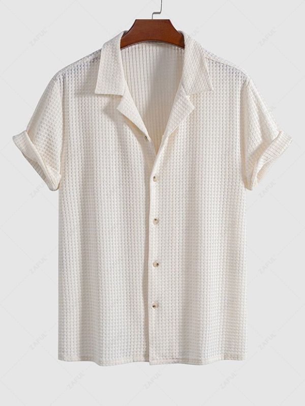 ZAFUL Men\'s Camp Collar Button Up Knit Jacquard Short Sleeves Shirt BEIGE - PURECLO