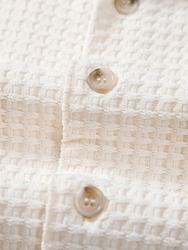 ZAFUL Men\'s Camp Collar Button Up Knit Jacquard Short Sleeves Shirt BEIGE - PURECLO