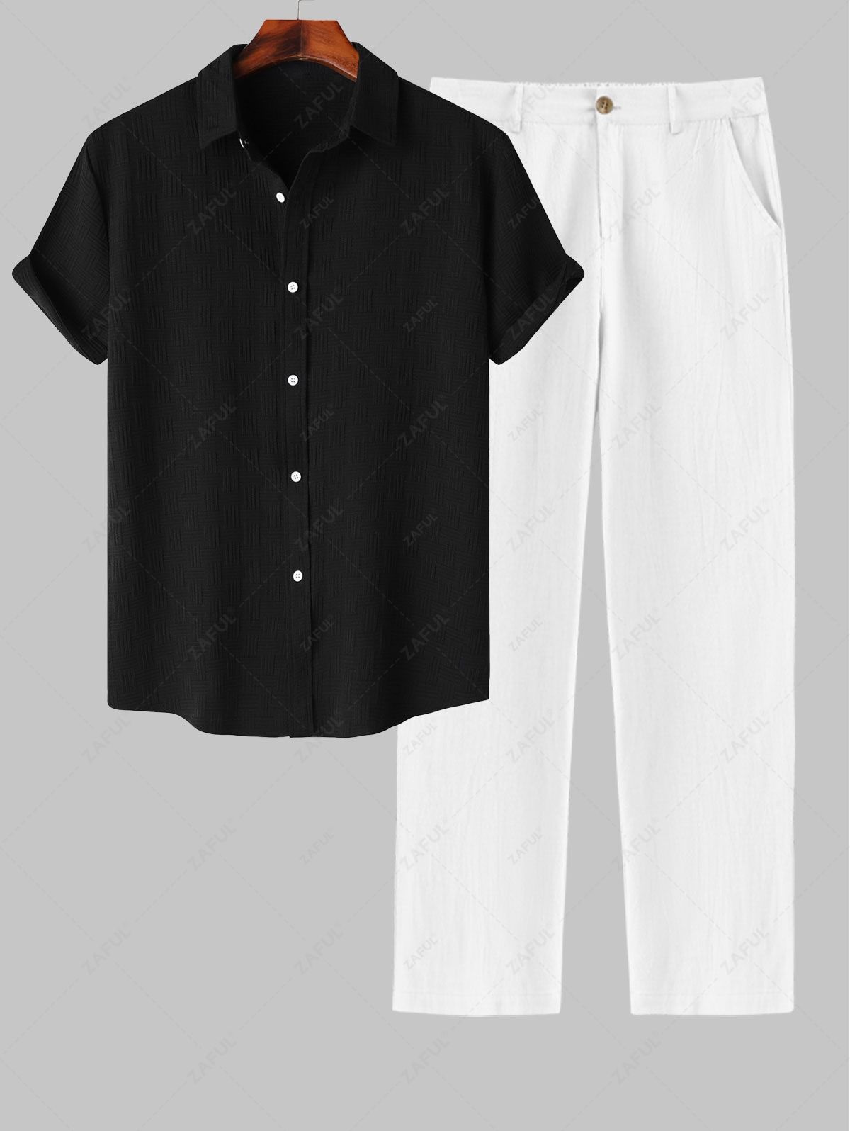 Men\'s Cross Knot Jacquard Textured Button Up Short Sleeves Shirt and Cotton and Linen Straight Leg Pants Set BLACK WHITE - PURECLO