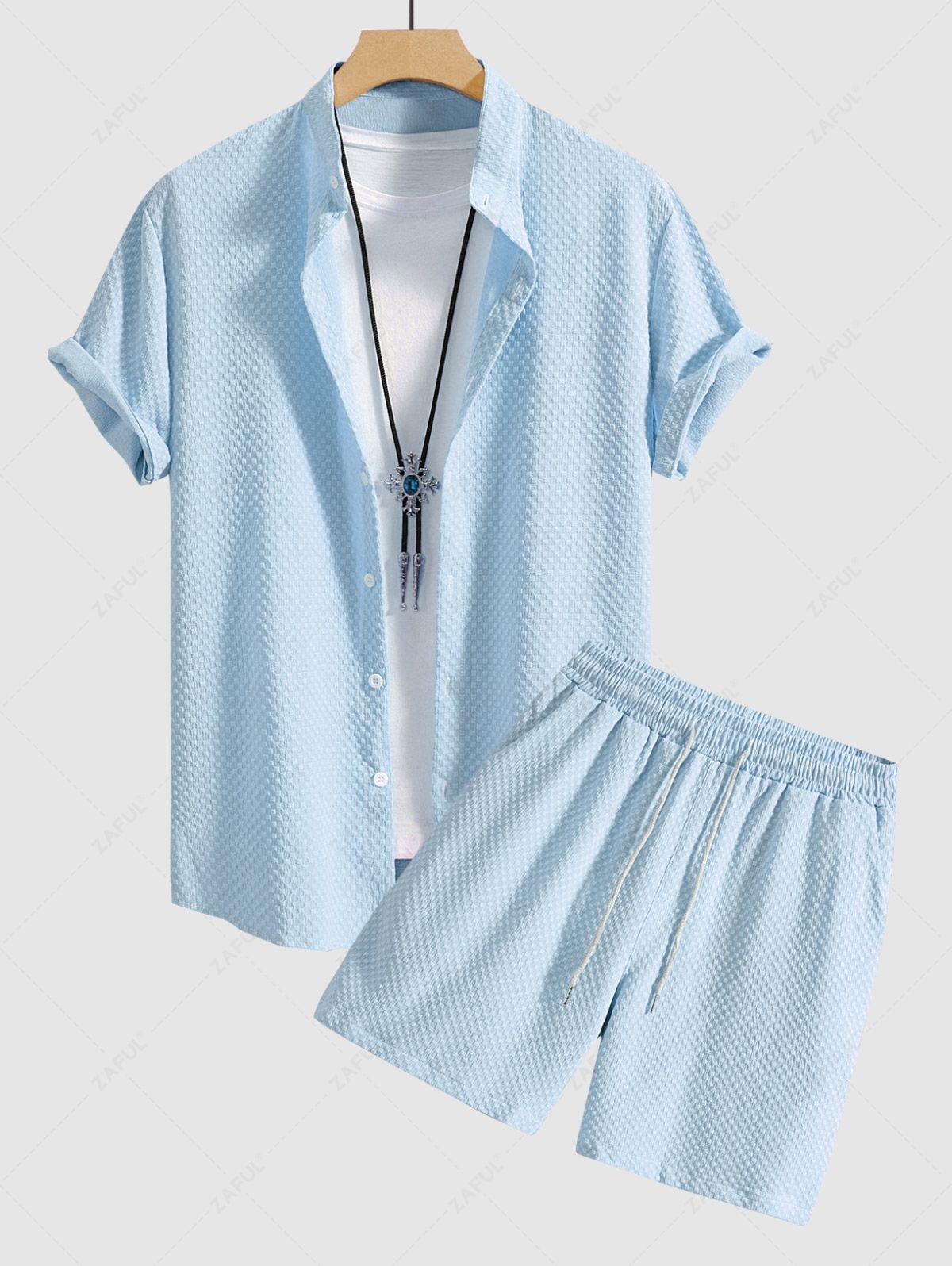 Men\'s Matching Two Piece Co Ord Solid Color Textured Button Up Short Sleeves Shirt and Drawstring Casual Shorts Set LIGHT BLUE WHITE - PURECLO