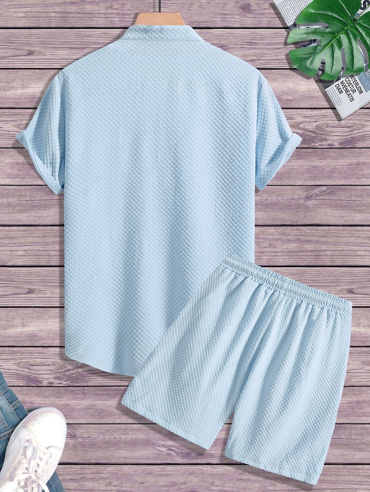 Men\'s Matching Two Piece Co Ord Solid Color Textured Button Up Short Sleeves Shirt and Drawstring Casual Shorts Set LIGHT BLUE WHITE - PURECLO