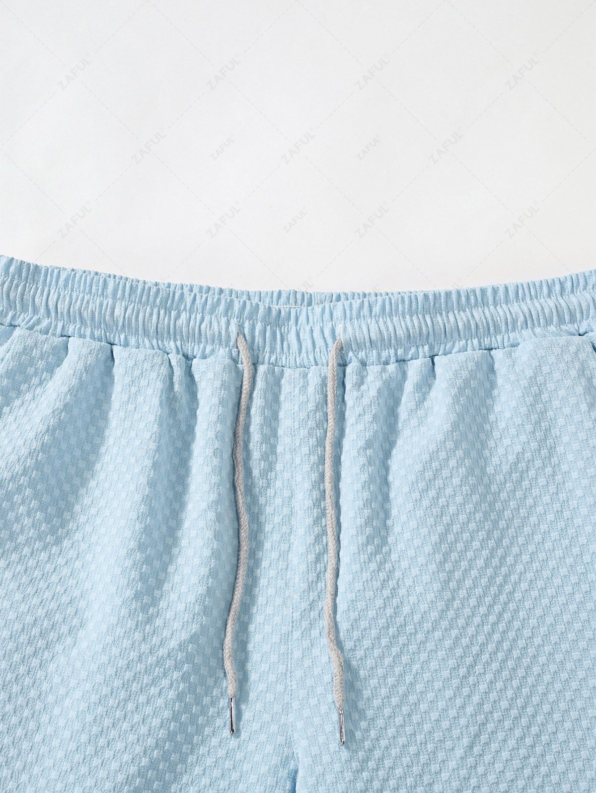 Men\'s Matching Two Piece Co Ord Solid Color Textured Button Up Short Sleeves Shirt and Drawstring Casual Shorts Set LIGHT BLUE WHITE - PURECLO