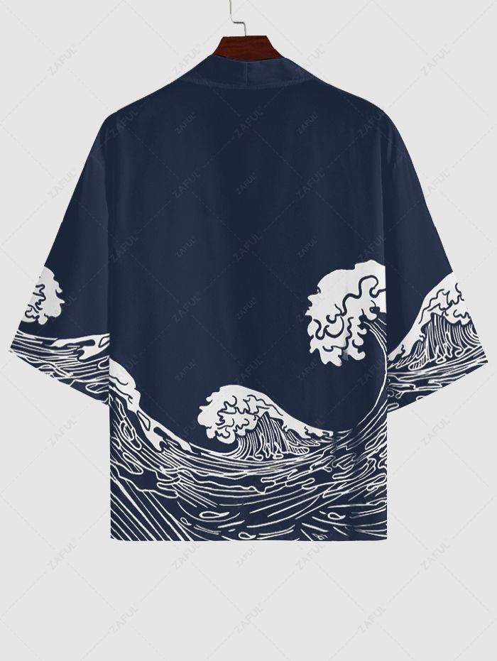 Men\'s Sea Wave Japanese Print Open Front Kimono DEEP BLUE BLACK - PURECLO