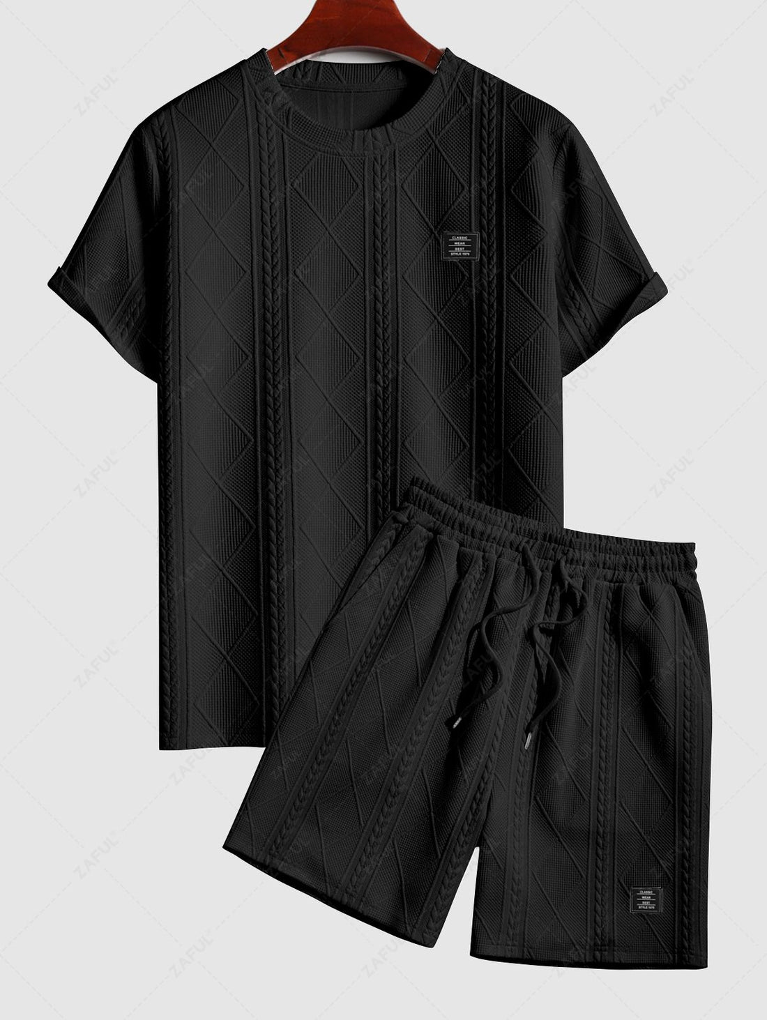 ZAFUL Men\'s Matching Two Piece Co Ord Crew Neck Short Sleeves Cable Geometric Jacquard Textured T-shirt and Drawstring Casual Shorts Set BLACK WHITE - PURECLO