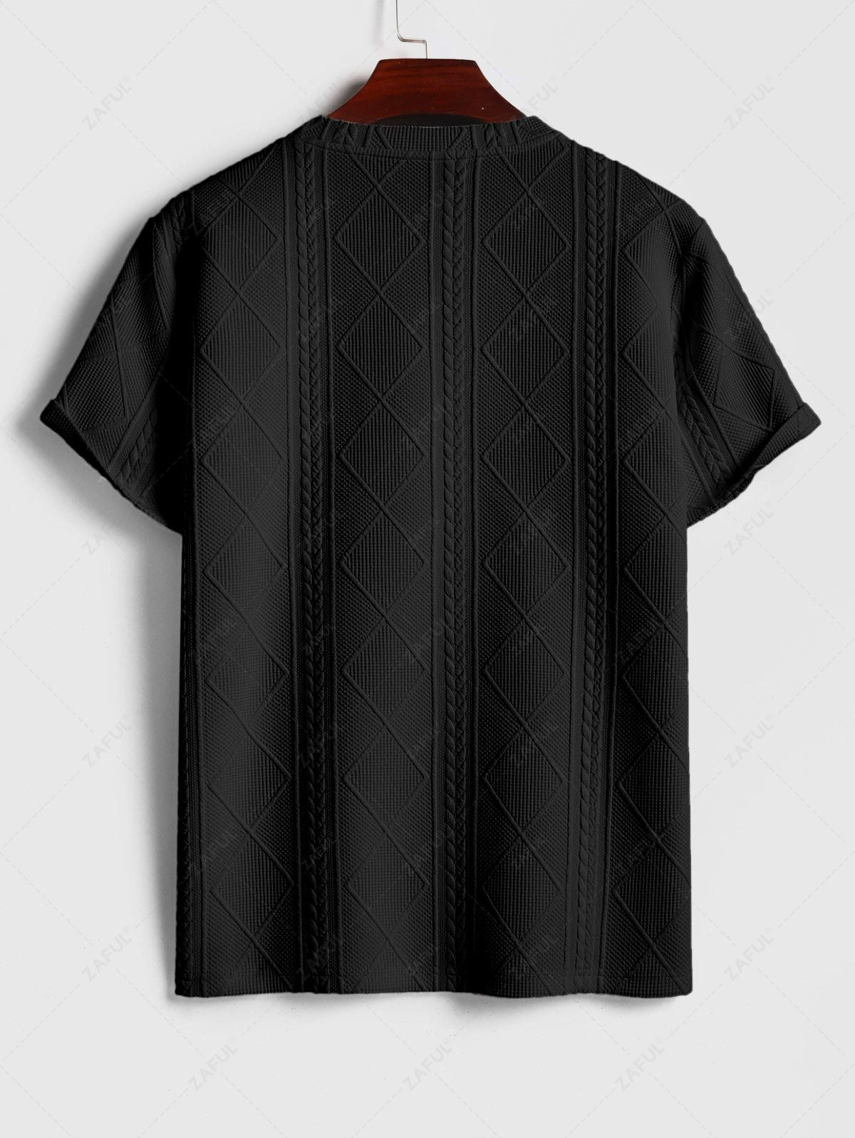 ZAFUL Men\'s Matching Two Piece Co Ord Crew Neck Short Sleeves Cable Geometric Jacquard Textured T-shirt and Drawstring Casual Shorts Set BLACK WHITE - PURECLO