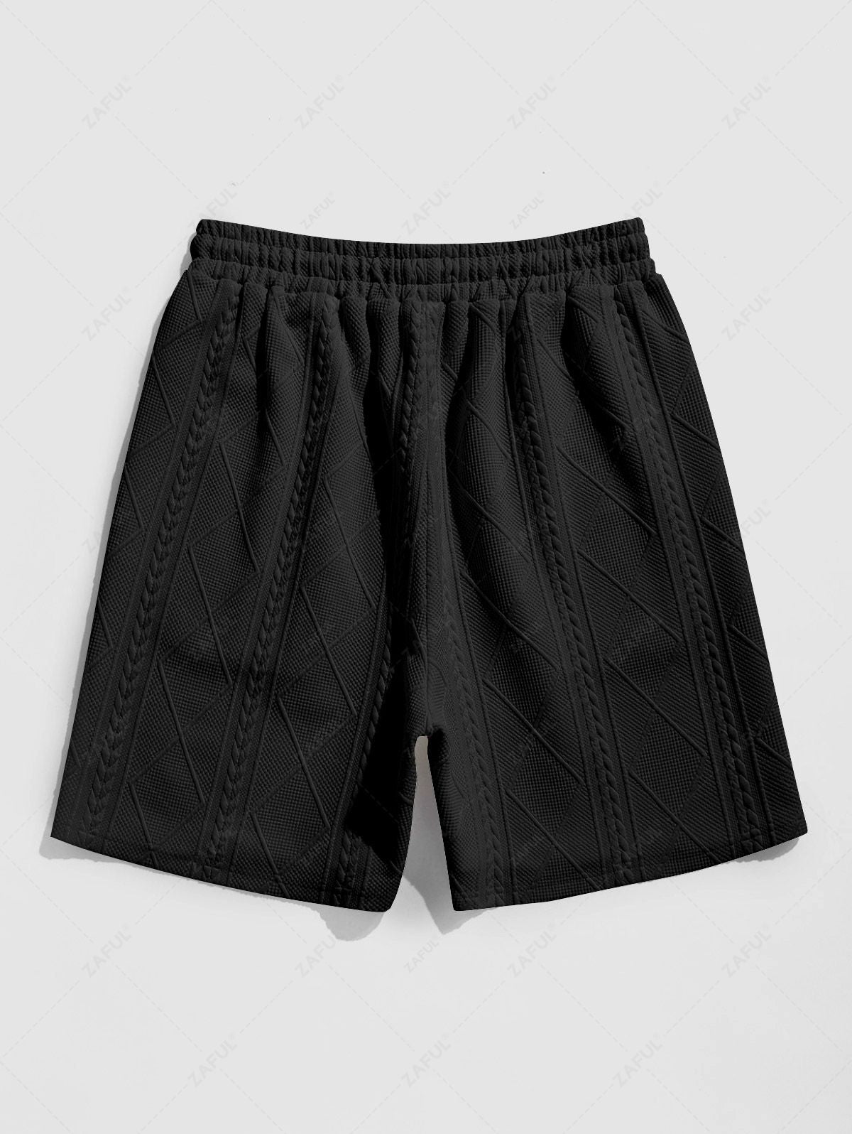 ZAFUL Men\'s Matching Two Piece Co Ord Crew Neck Short Sleeves Cable Geometric Jacquard Textured T-shirt and Drawstring Casual Shorts Set BLACK WHITE - PURECLO