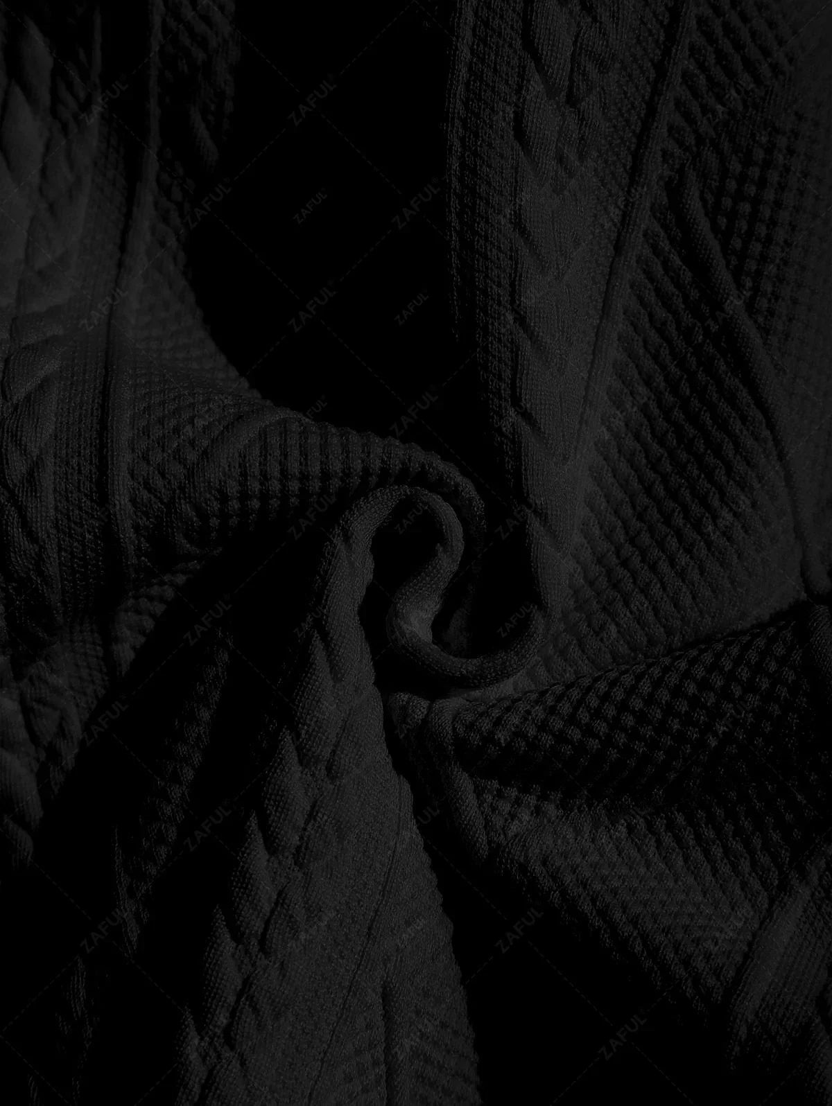 ZAFUL Men\'s Matching Two Piece Co Ord Crew Neck Short Sleeves Cable Geometric Jacquard Textured T-shirt and Drawstring Casual Shorts Set BLACK WHITE - PURECLO