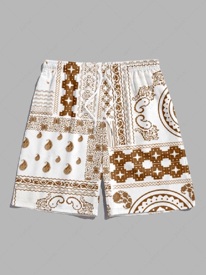 Men\'s Scarfs Bandana Paisley Print Button Up Casual Vacation Short Sleeves Shirt and Drawstring Shorts Set LIGHT COFFEE - PURECLO