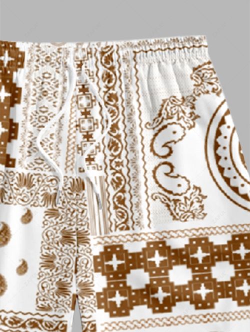Men\'s Scarfs Bandana Paisley Print Button Up Casual Vacation Short Sleeves Shirt and Drawstring Shorts Set LIGHT COFFEE - PURECLO