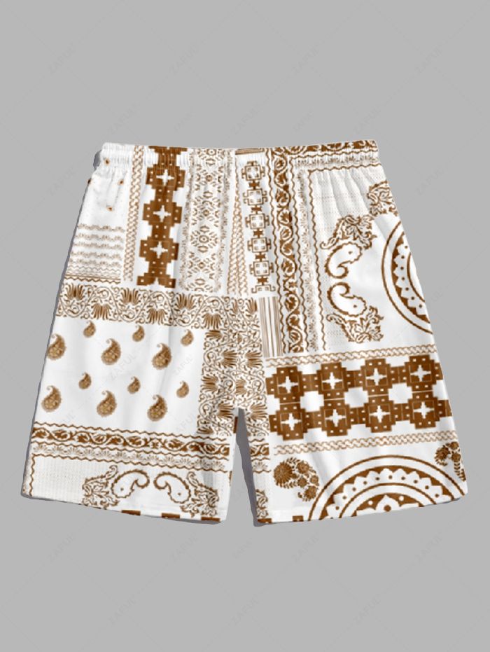 Men\'s Scarfs Bandana Paisley Print Button Up Casual Vacation Short Sleeves Shirt and Drawstring Shorts Set LIGHT COFFEE - PURECLO