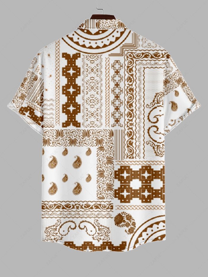 Men\'s Scarfs Bandana Paisley Print Button Up Casual Vacation Short Sleeves Shirt and Drawstring Shorts Set LIGHT COFFEE - PURECLO