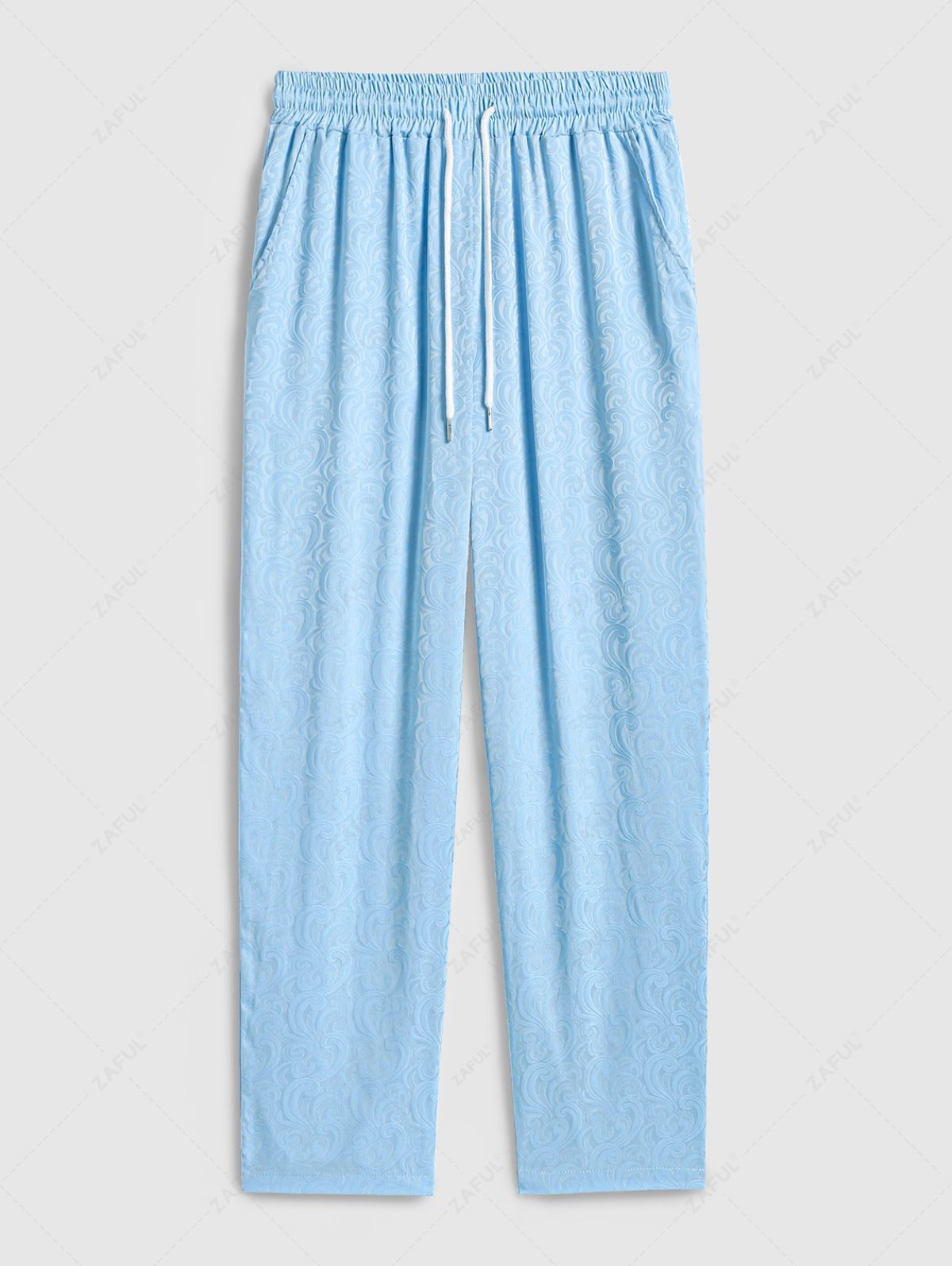 ZAFUL Men\'s Casual Floral Jacquard Textured Slant Pockets Drawstring Straight Leg Pants SKY BLUE - PURECLO