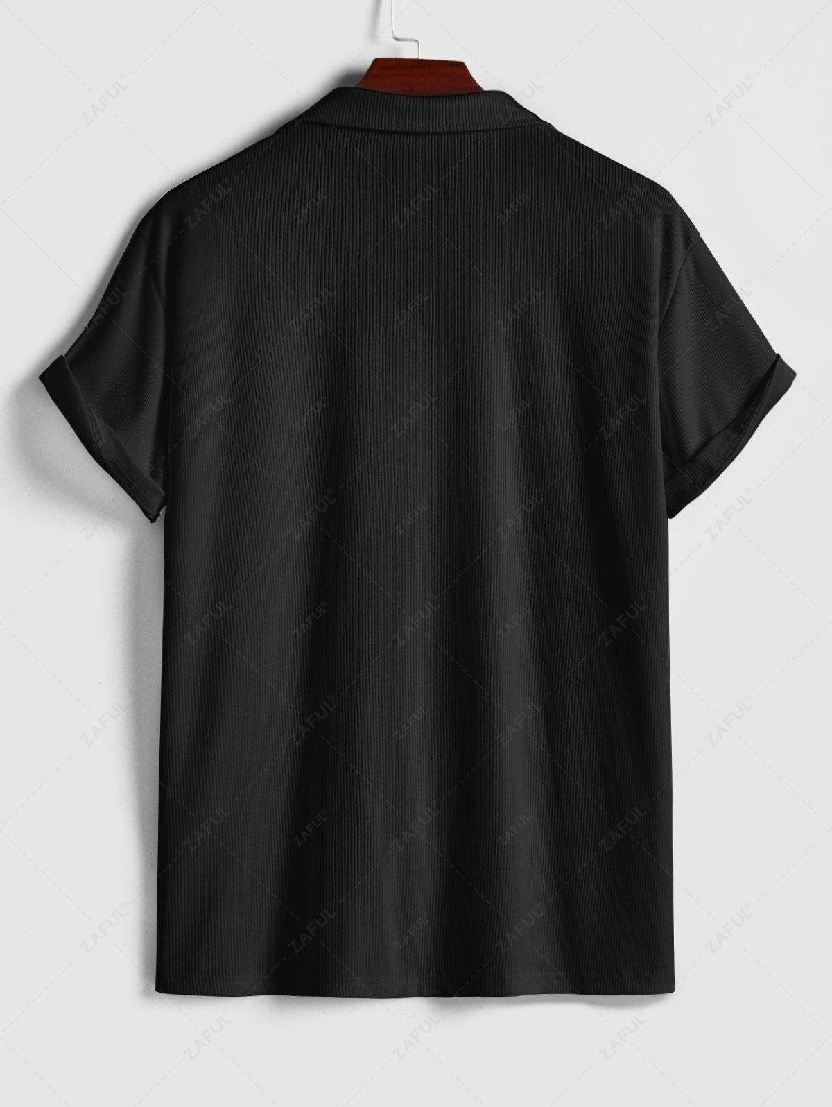 Men\'s Solid Color Ribbed Camp Collar Button Up Short Sleeves Shirt and Cotton and Linen Straight Leg Pants Set BLACK MULTI WHITE - PURECLO