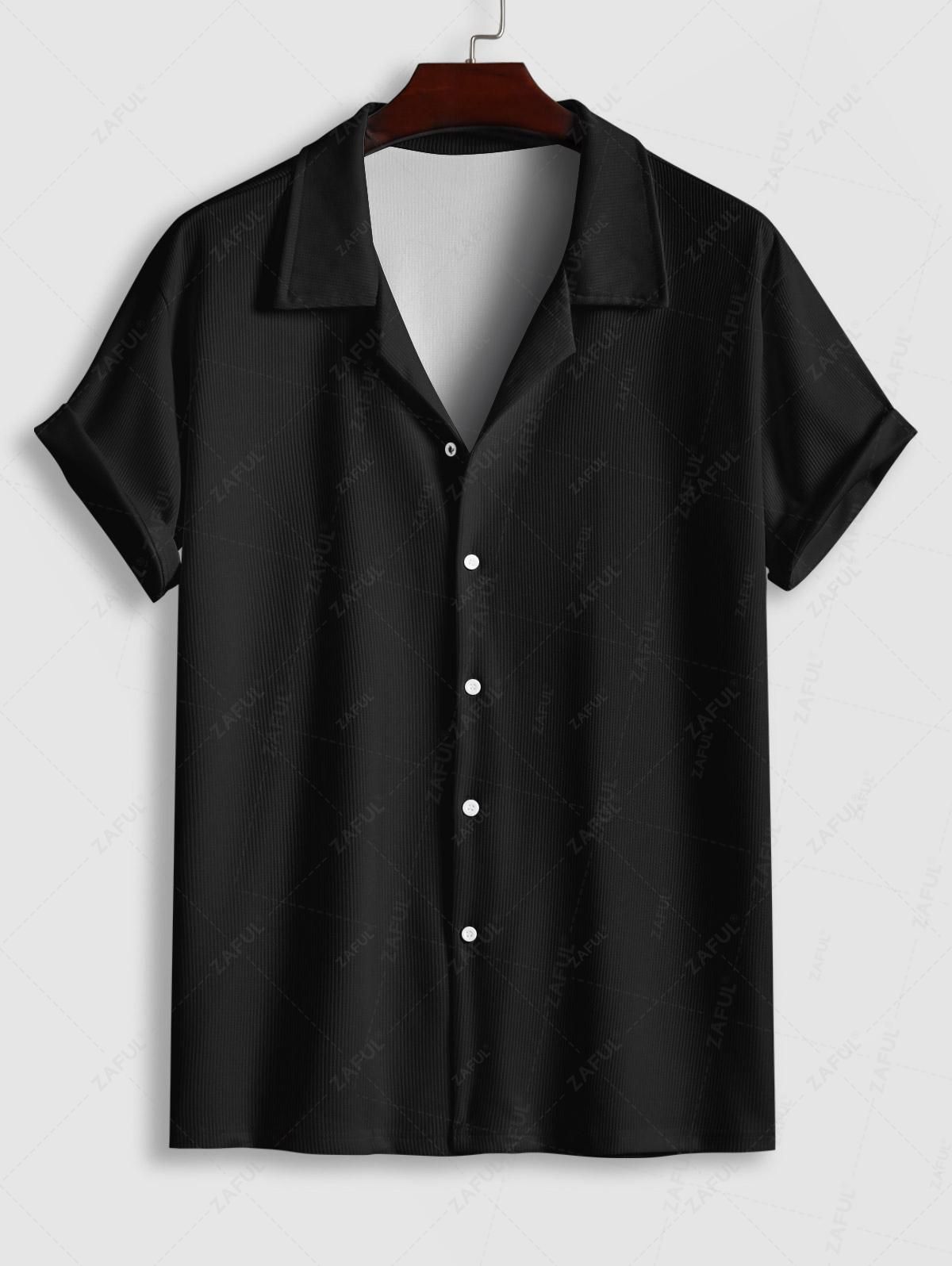 Men\'s Solid Color Ribbed Camp Collar Button Up Short Sleeves Shirt and Cotton and Linen Straight Leg Pants Set BLACK MULTI WHITE - PURECLO