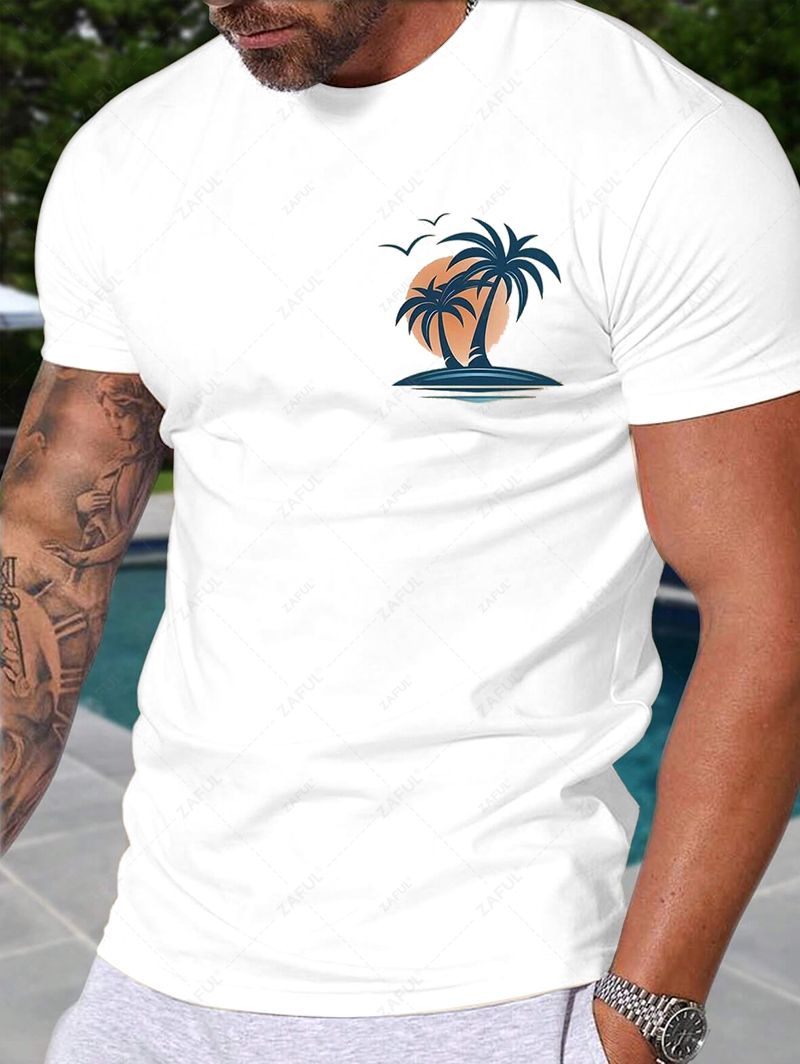 Men\'s Palm Tree Birds Graphic Printed Short Sleeves T-shirt WHITE LIGHT COFFEE - PURECLO