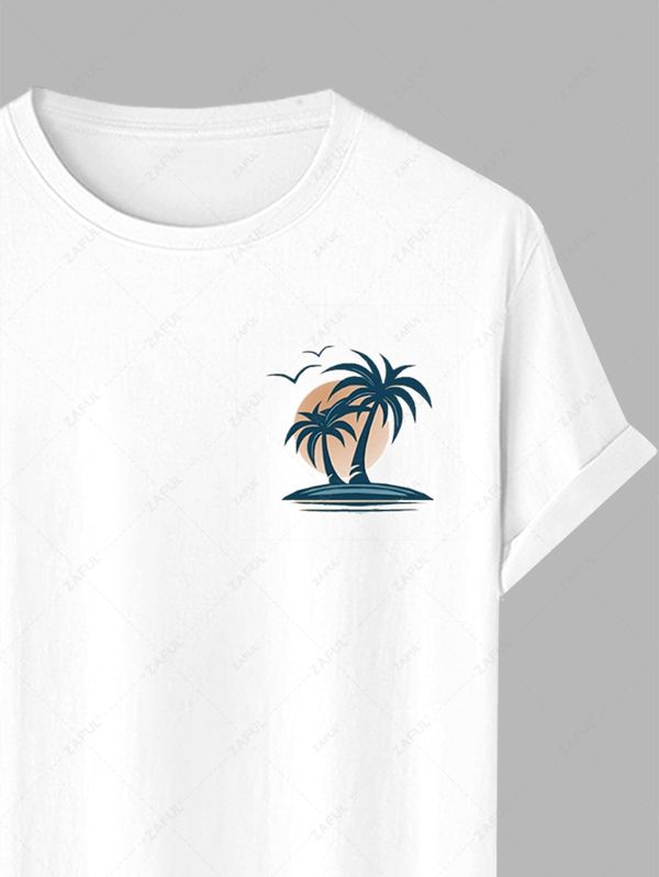 Men\'s Palm Tree Birds Graphic Printed Short Sleeves T-shirt WHITE LIGHT COFFEE - PURECLO