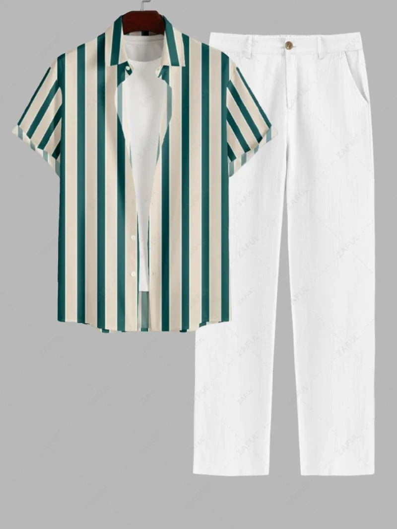 Men\'s Vertical Stripes Vacation Casual Short Sleeves Shirt And Solid Color Cotton and Linen Straight Leg Pants Set GREEN BLUE LIGHT BLUE - PURECLO