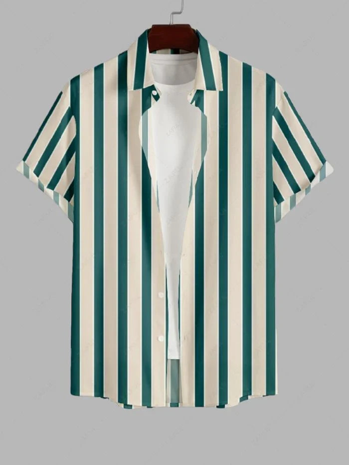 Men\'s Vertical Stripes Vacation Casual Short Sleeves Shirt And Solid Color Cotton and Linen Straight Leg Pants Set GREEN BLUE LIGHT BLUE - PURECLO