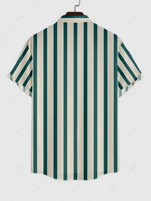 Men\'s Vertical Stripes Vacation Casual Short Sleeves Shirt And Solid Color Cotton and Linen Straight Leg Pants Set GREEN BLUE LIGHT BLUE - PURECLO