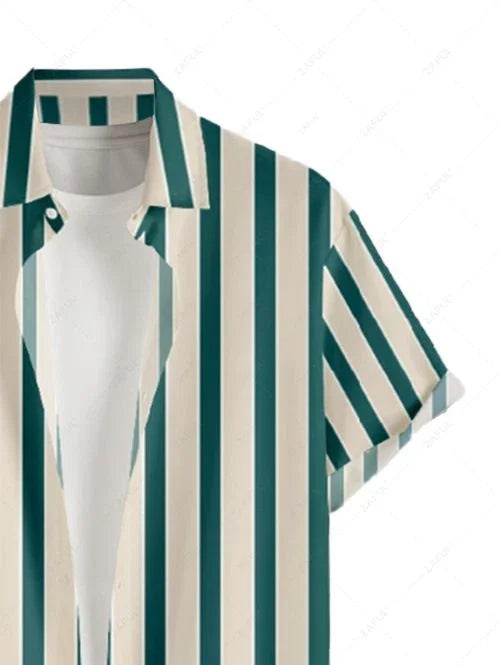 Men\'s Vertical Stripes Vacation Casual Short Sleeves Shirt And Solid Color Cotton and Linen Straight Leg Pants Set GREEN BLUE LIGHT BLUE - PURECLO
