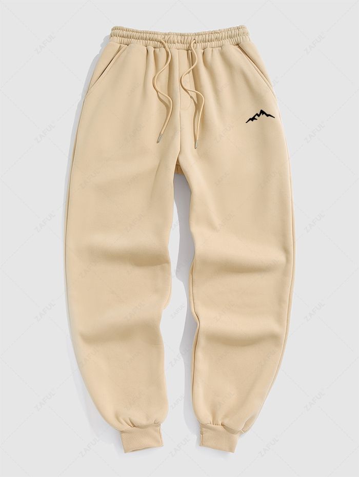 Men\'s Minimalist Style Mountain Graphic Pattern Fuzzy Fleece-lined Drawstring Jogger Sweatpants LIGHT COFFEE BLACK DEEP GREEN WHITE - PURECLO