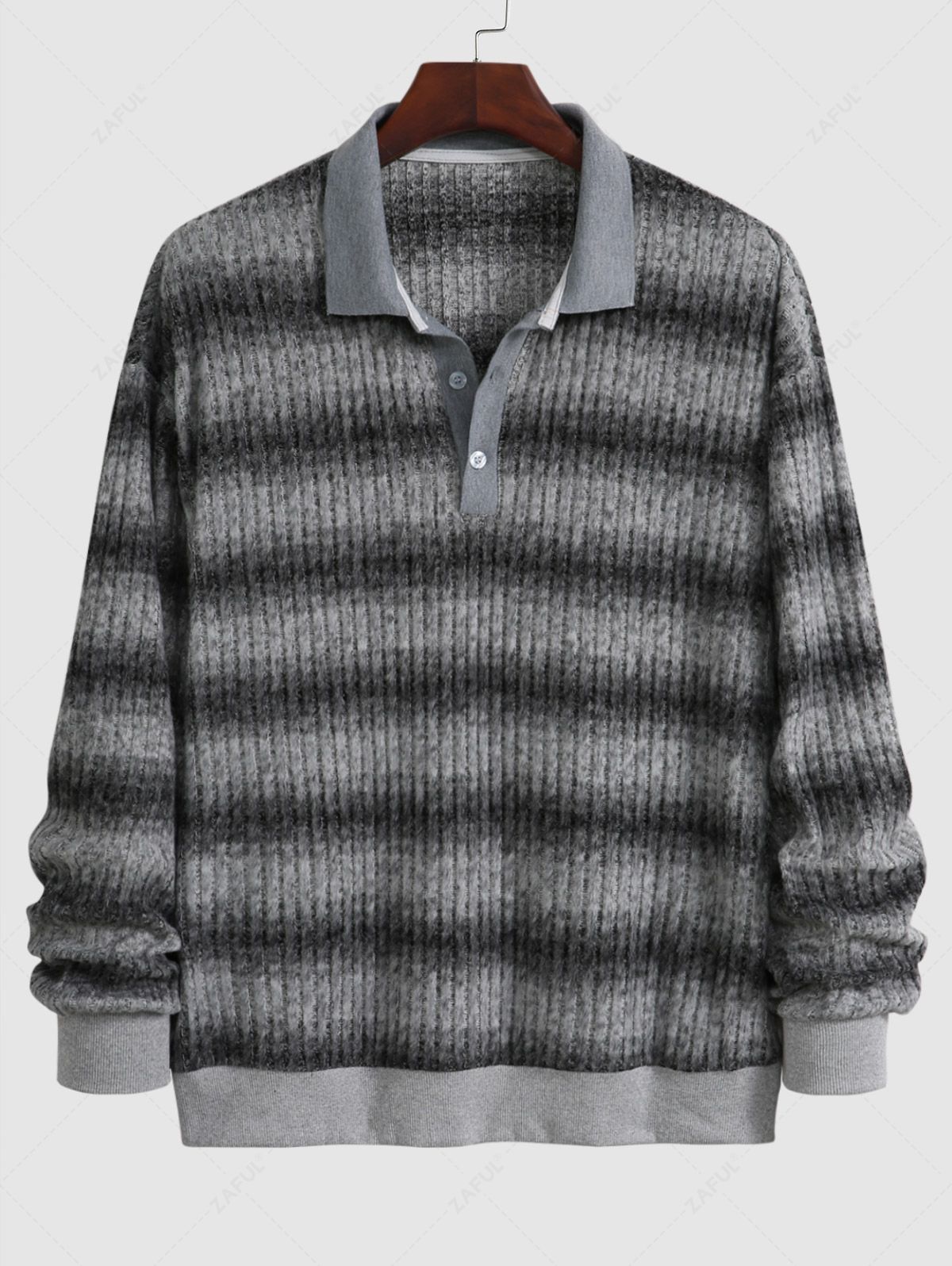 Men\'s Colorblock Ribbed Half Buttoned Polo Collar Long Sleeves Pullover T-shirt GRAY - PURECLO