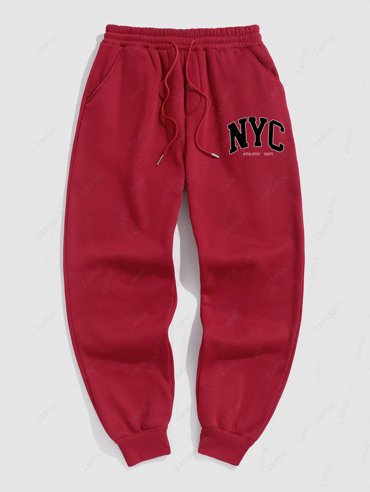 Men\'s Casual Letter NYC Pattern Fuzzy Fleece-lined Drawstring Jogger Sweatpants RED LIGHT COFFEE GREEN BLACK - PURECLO
