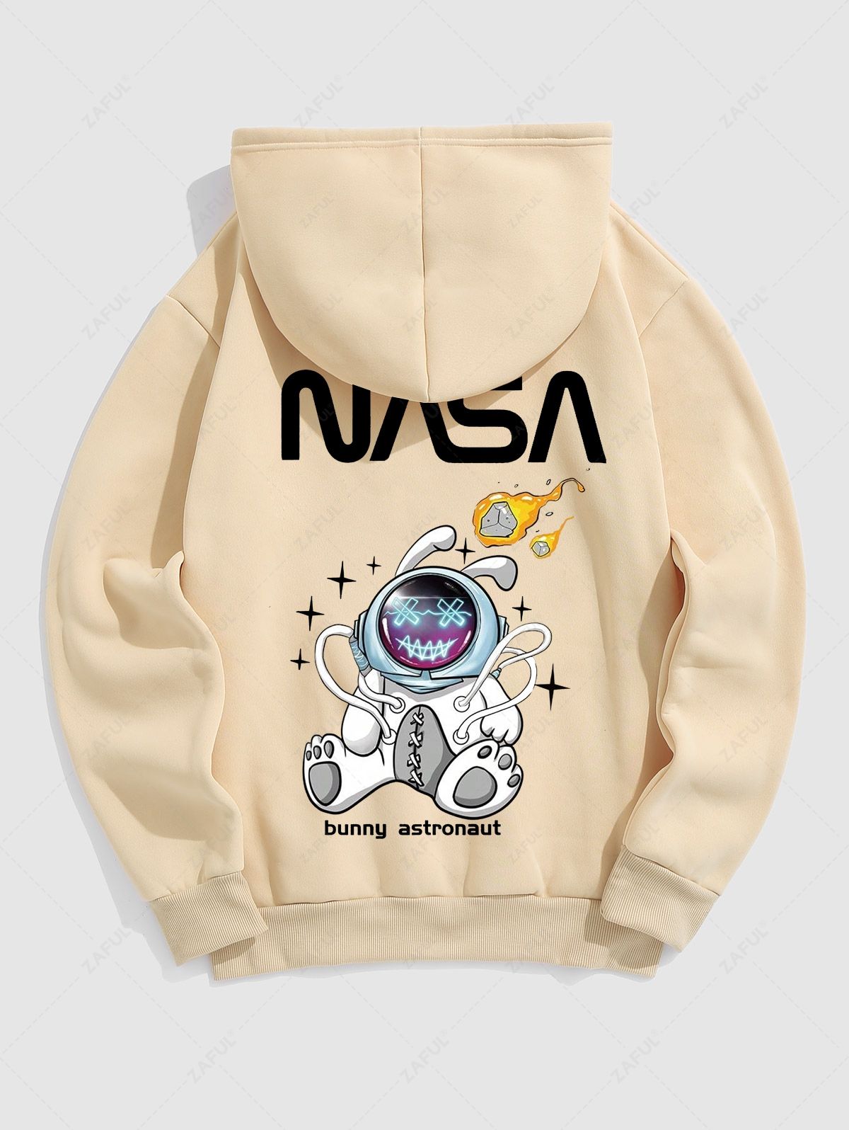 Men\'s Letter Bunny Astronaut Pattern Fuzzy Fleece-lined Kangaroo Pocket Design Pullover Hoodie LIGHT COFFEE - PURECLO