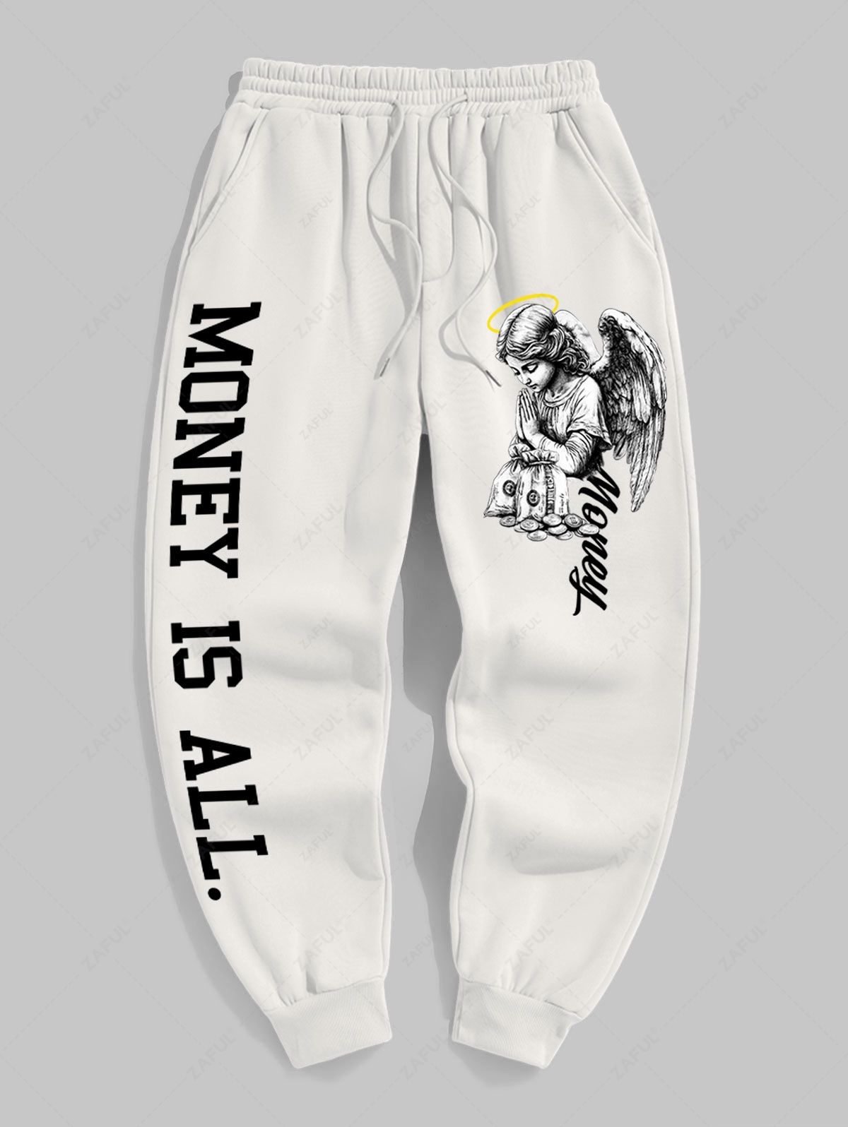 Men\'s Casual Angel Money Graphic Pattern Fuzzy Fleece-lined Drawstring Jogger Sweatpants WHITE - PURECLO
