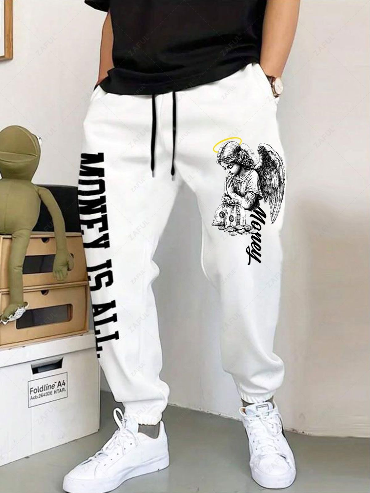 Men\'s Casual Angel Money Graphic Pattern Fuzzy Fleece-lined Drawstring Jogger Sweatpants WHITE - PURECLO