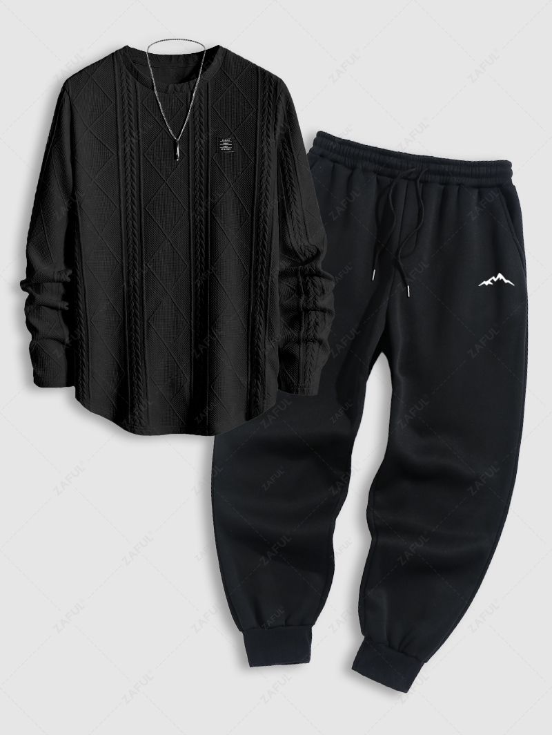 Men\'s Jacquard Textured Patch Design Crew Neck Pullover Sweatshirt And Mountain Pattern Fuzzy Fleece-lined Drawstring Jogger Sweatpants Set BLACK WHITE - PURECLO