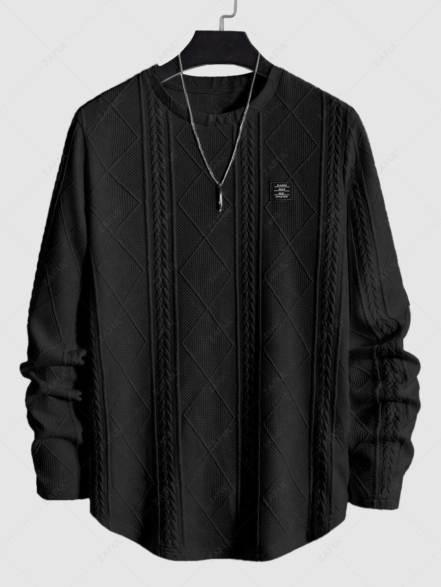 Men\'s Jacquard Textured Patch Design Crew Neck Pullover Sweatshirt And Mountain Pattern Fuzzy Fleece-lined Drawstring Jogger Sweatpants Set BLACK WHITE - PURECLO