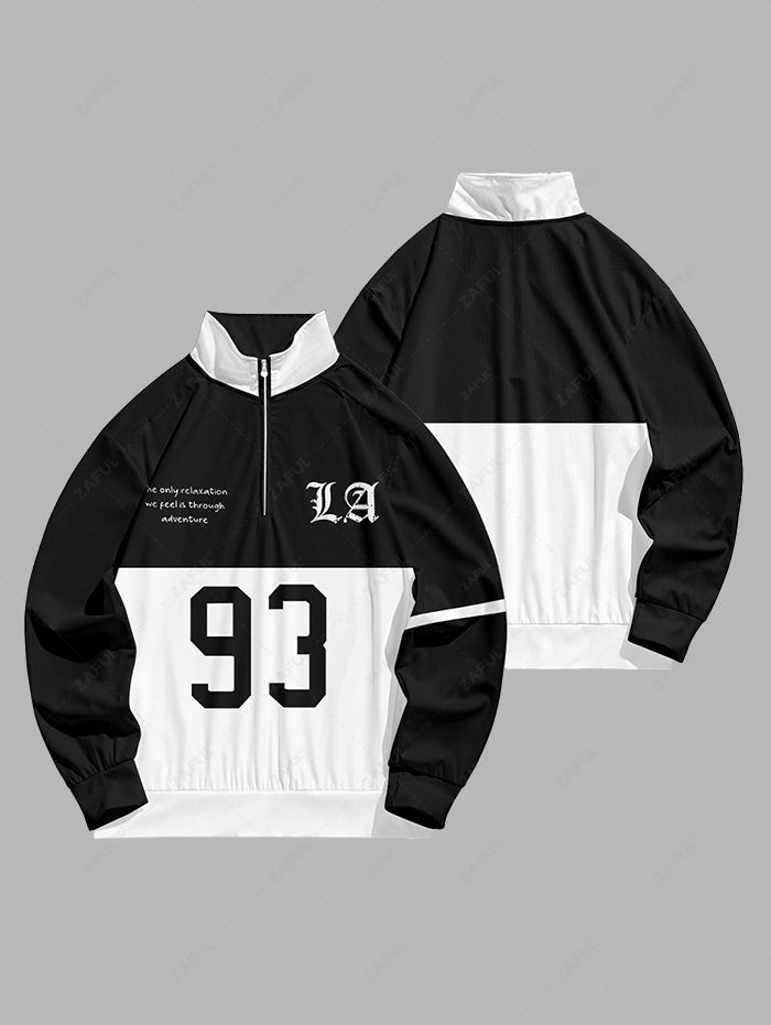 Men\'s Casual Colorblock Letter Number Pattern Quarter Zip Stand Collar Sweatshirt BLACK - PURECLO