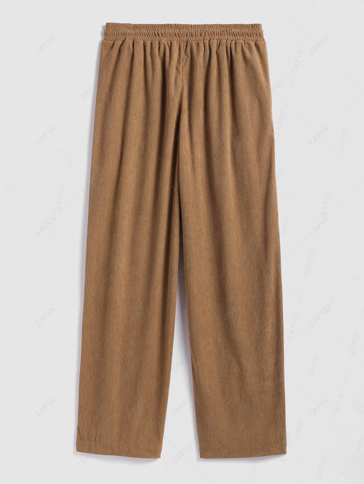 Men\'s Casual Corduroy Ribbed Drawstring Straight Leg Pants COFFEE - PURECLO