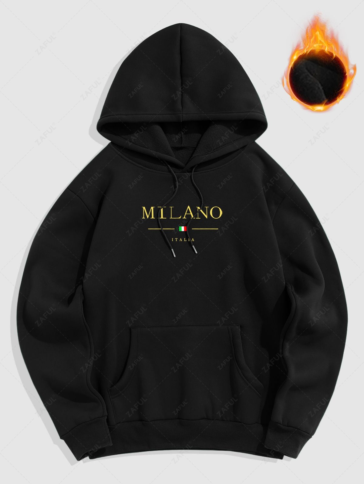 Men\'s MILANO ITALIA Flag Graphic Printed Fuzzy Fleece-lined Kangaroo Pocket Design Pullover Hoodie BLACK - PURECLO