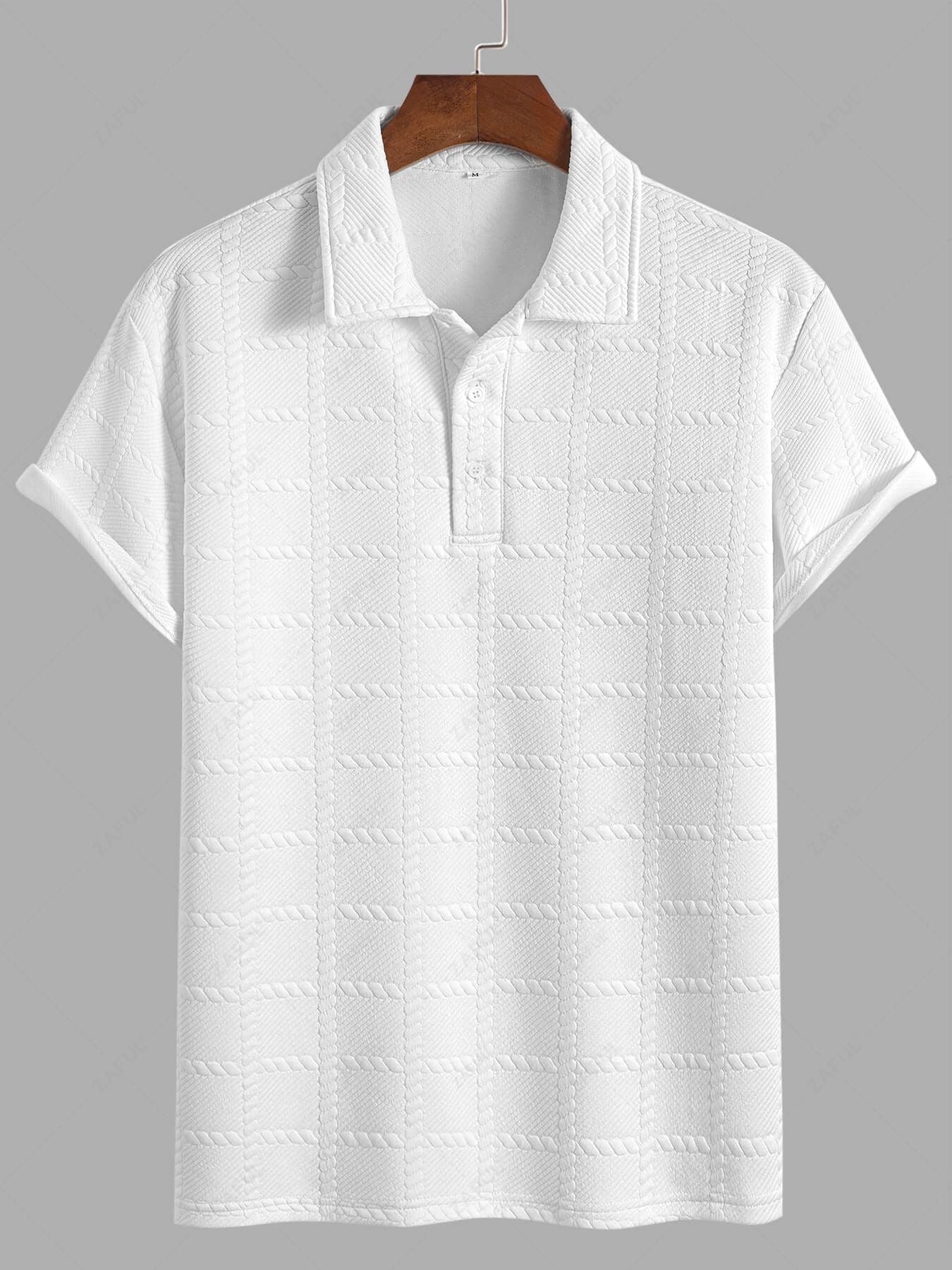 Men\'s Square Grid Jacquard Textured Polo Collar Short Sleeves T-shirt WHITE - PURECLO