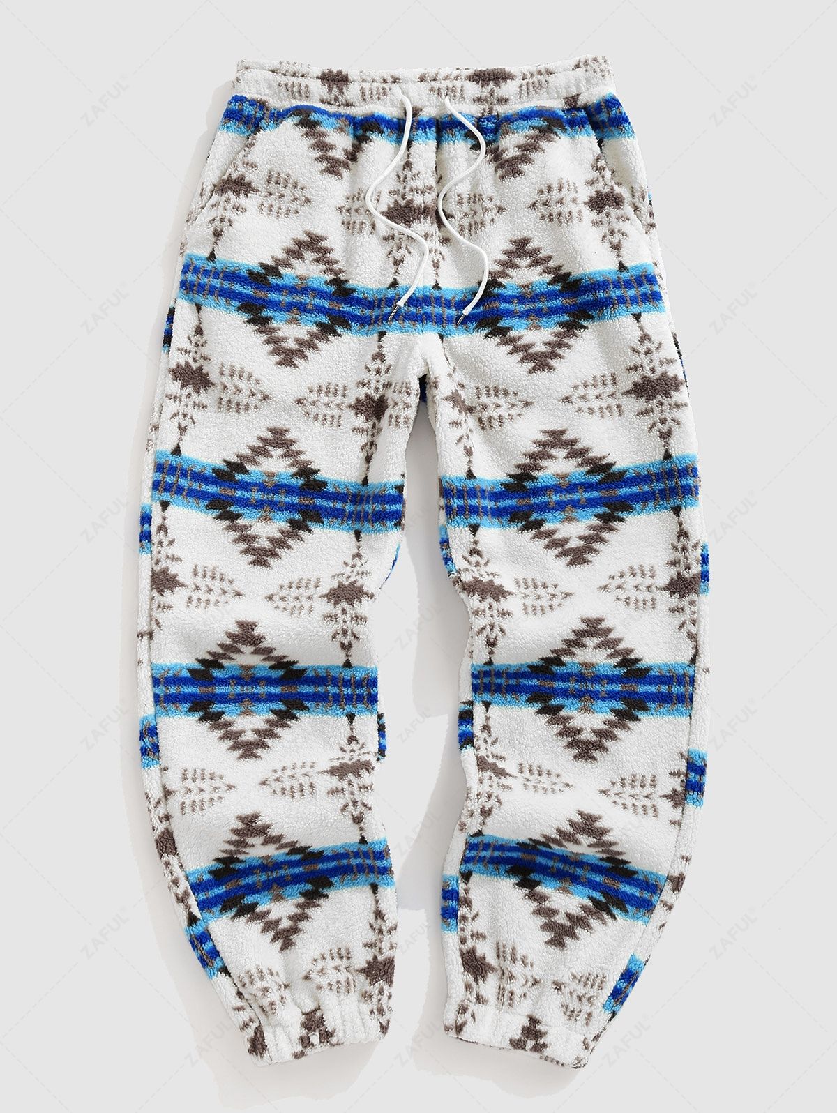 ZAFUL Men\'s Casual Vintage Ethnic Geometric Aztec Print Faux Fur Fluffy Drawstring Jogger Pants BLUE - PURECLO