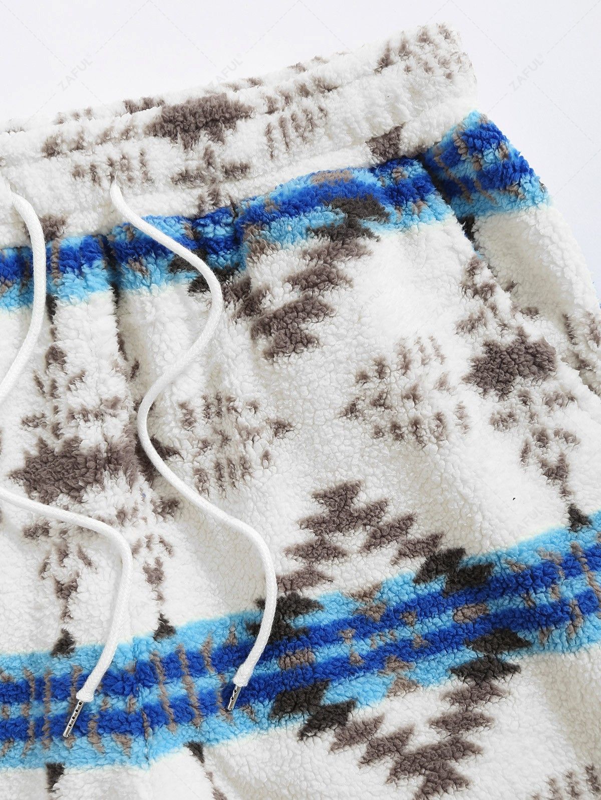 ZAFUL Men\'s Casual Vintage Ethnic Geometric Aztec Print Faux Fur Fluffy Drawstring Jogger Pants BLUE - PURECLO