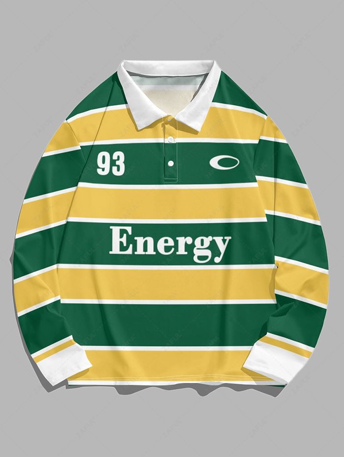 Men\'s Colorblock Letter Energy 93 Pattern Half Buttoned Polo Collar Long Sleeves T-shirt SAFFRON - PURECLO