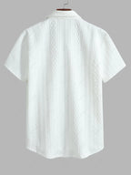 Men\'s Solid Color Cable Knit Jacquard Textured Button Up Short Sleeves Shirt And Drawstring Shorts Set WHITE BLACK COFFEE - PURECLO