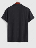 Men\'s Casual Pinstripe Pocket Design Camp Collar Button Up Short Sleeves Shirt And Drawstring Straight Leg Pants Set BLACK - PURECLO