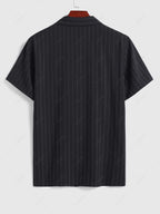 Men\'s Casual Pinstripe Pocket Design Camp Collar Button Up Short Sleeves Shirt And Drawstring Straight Leg Pants Set BLACK - PURECLO
