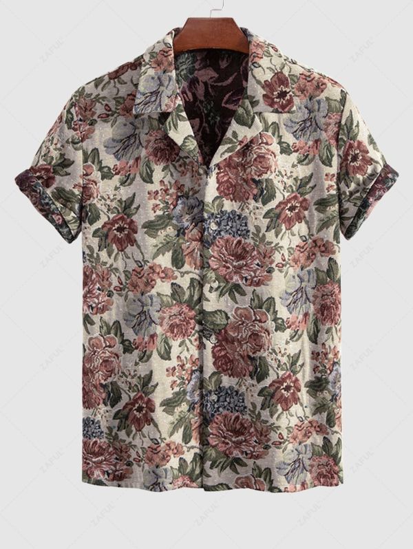Men\'s Cotton And Linen Textured Floral Pattern Camp Collar Button Up Short Sleeves Shirt DEEP RED - PURECLO