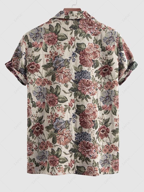 Men\'s Cotton And Linen Textured Floral Pattern Camp Collar Button Up Short Sleeves Shirt DEEP RED - PURECLO