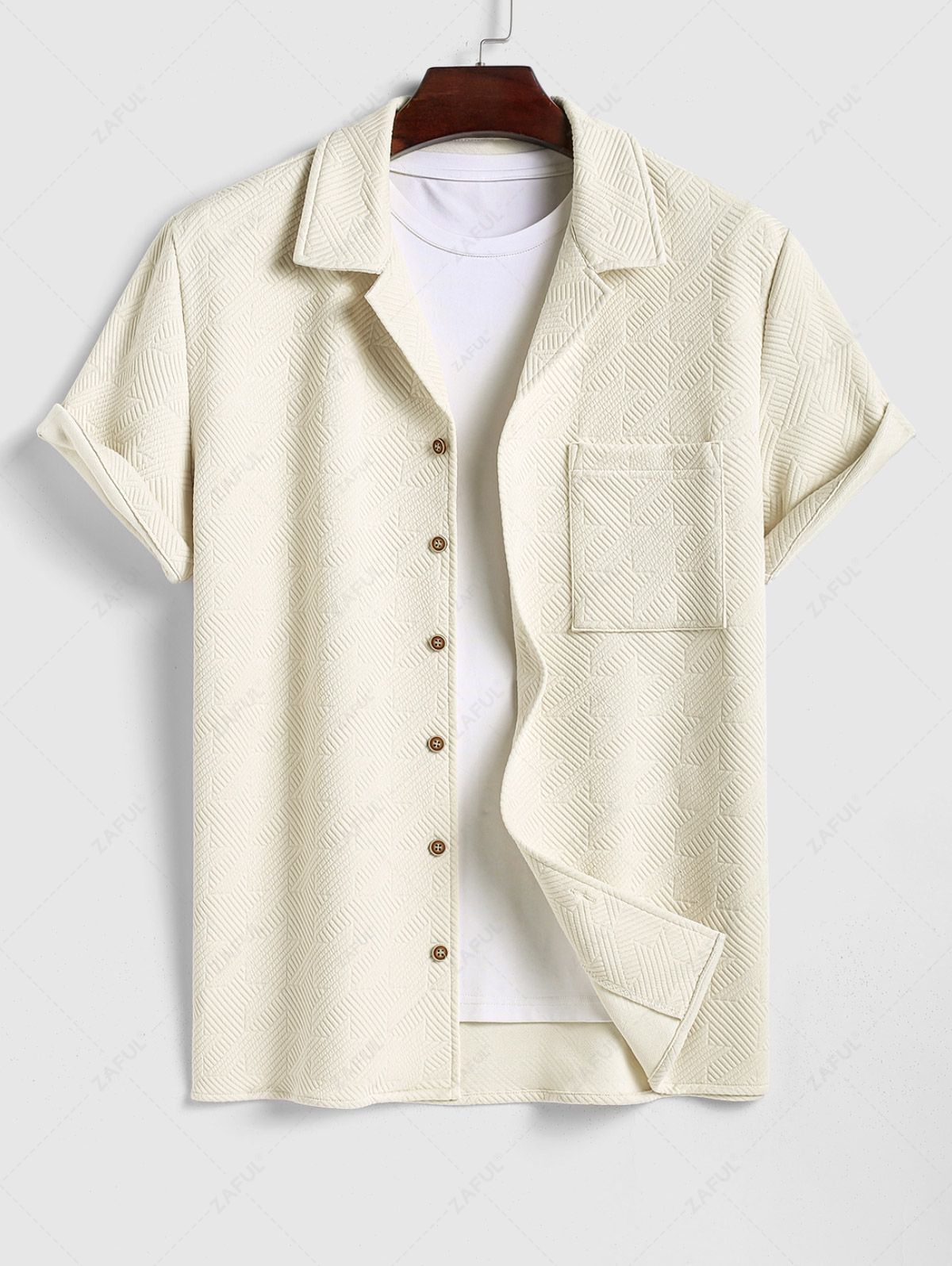 Men\'s Casual Embossed Textured Pocket Design Camp Collar Button Up Short Sleeves Shirt LIGHT COFFEE - PURECLO