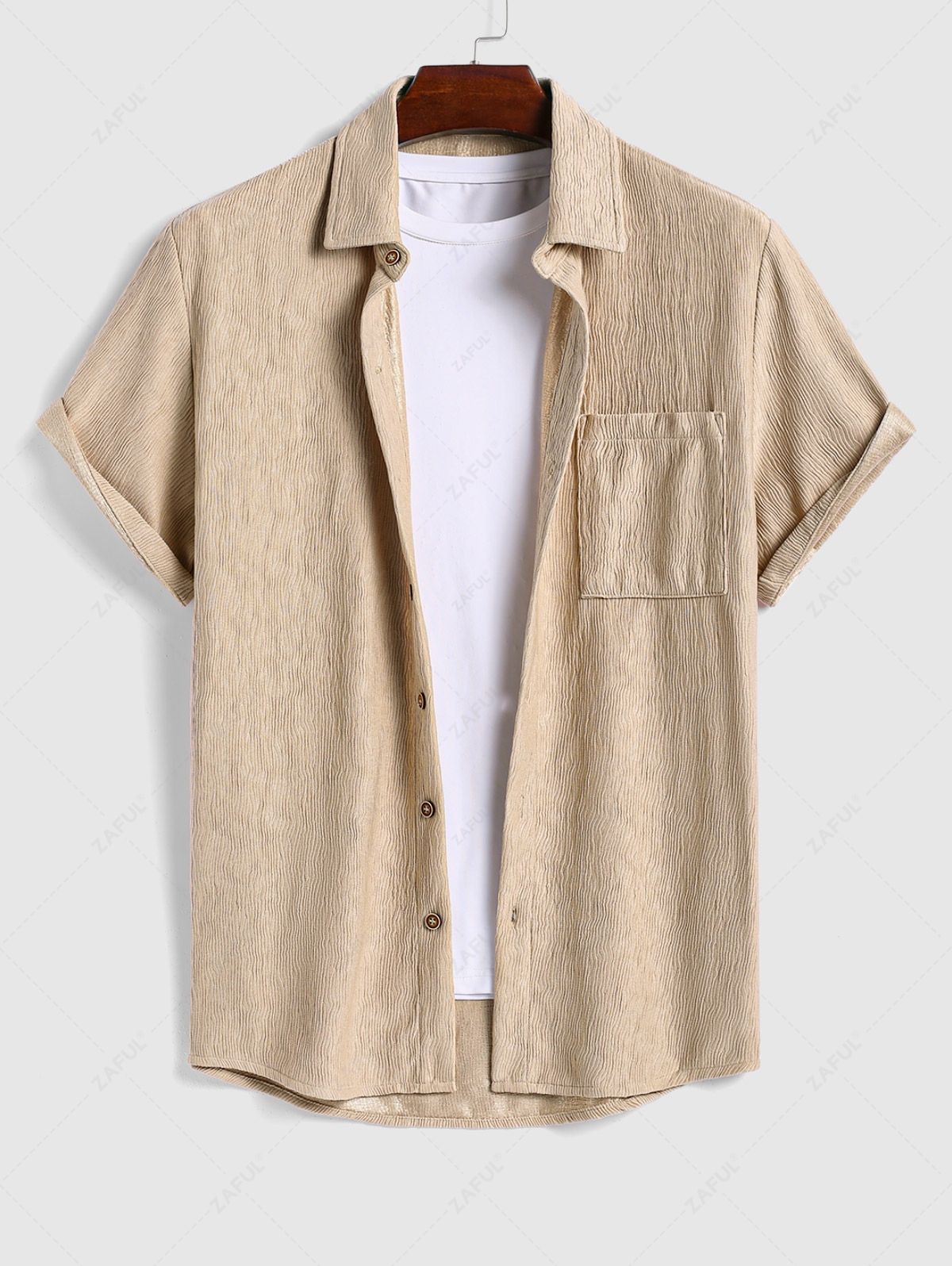 Men\'s Casual Bark Wrinkle Textured Front Pocket Button Up Short Sleeves Shirt COFFEE - PURECLO