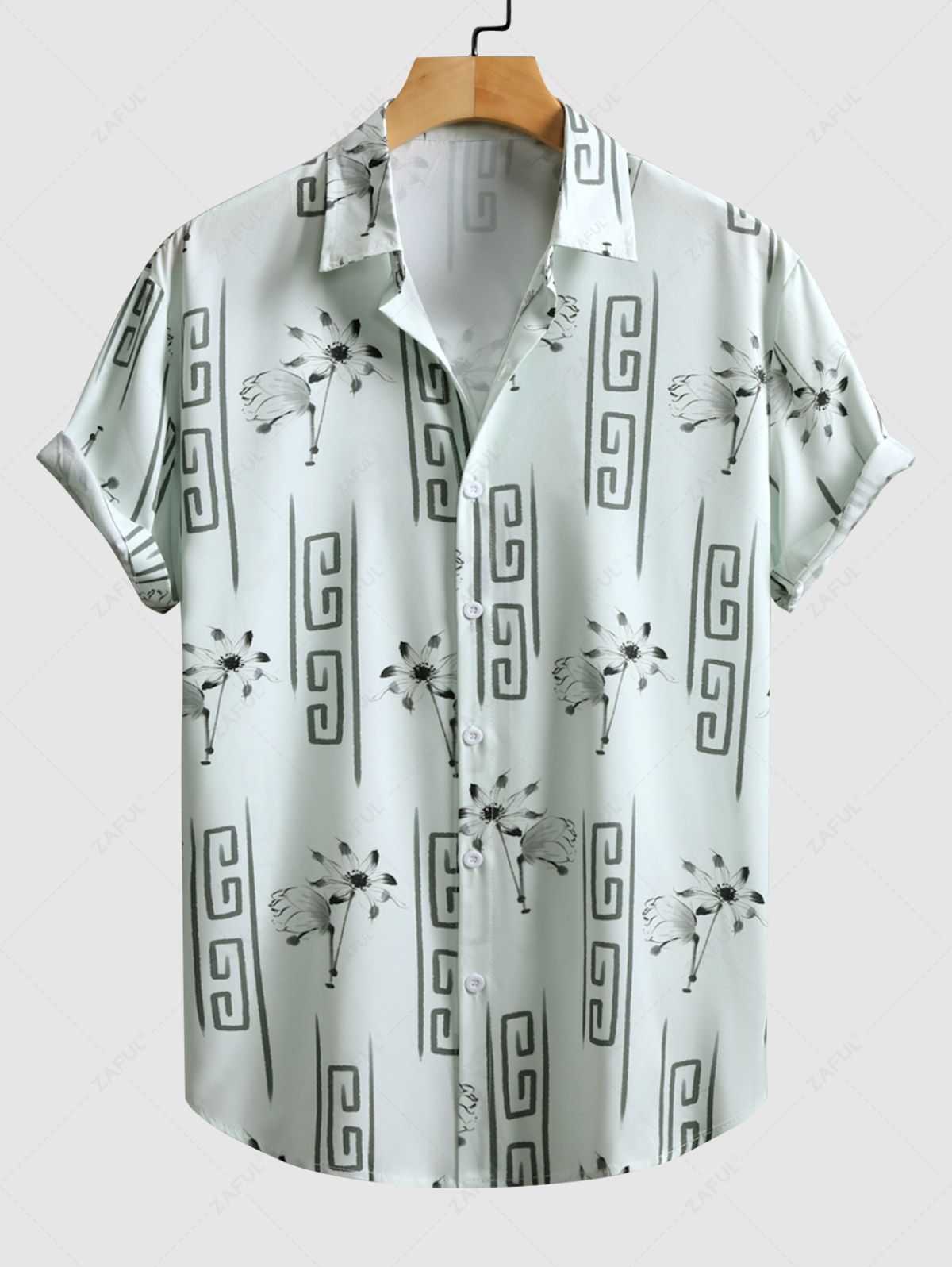 Men\'s Geometric Floral Print Button Up Casual Vacation Short Sleeves Shirt LIGHT GREEN - PURECLO